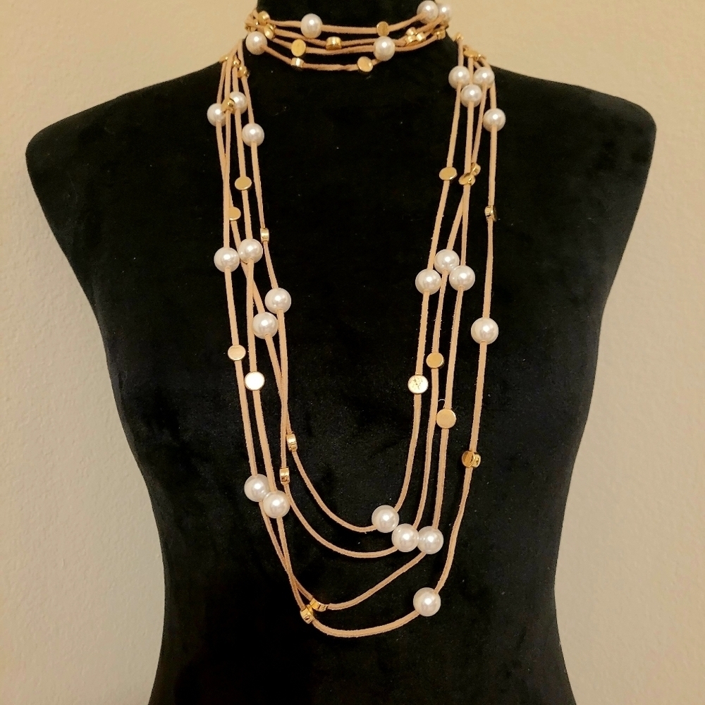 MULTI STRAND LAYERED TAN SUEDE WITH PEARL EMBELLISHMENTS CHOKER AND NECKLACE